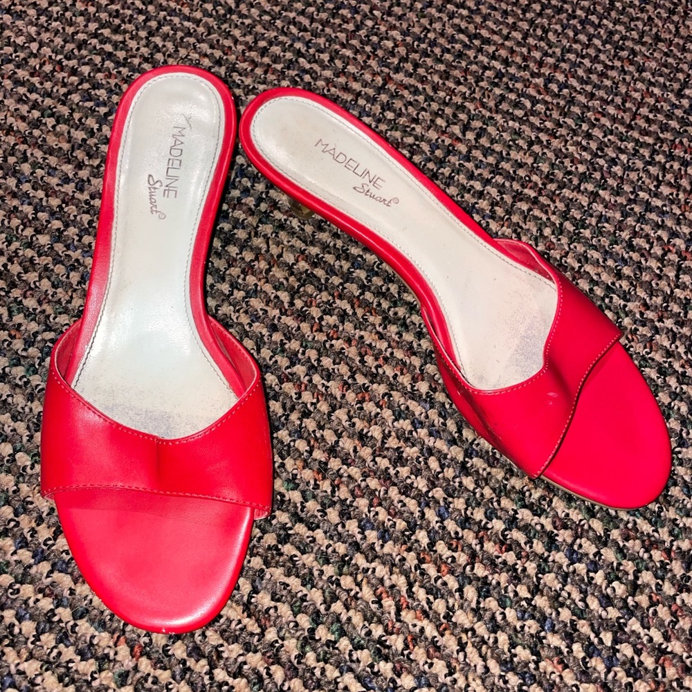 red, gently worn, low 90s style kitten heels